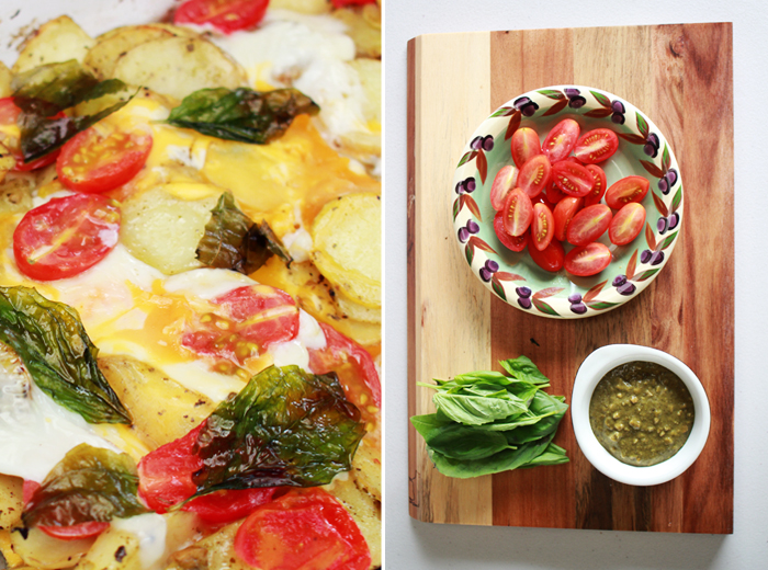 Pesto Potato and Egg with fried basil and tomato (via www.highwallsblog.gr.com)