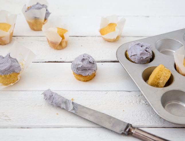 Lavender Coconut Mini Cupcakes by Erika Rax (for www.highwallsblog.gr.com)